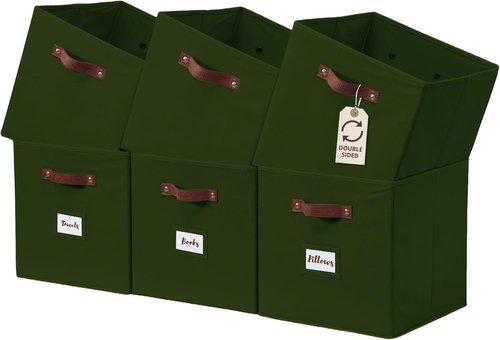 DECOMOMO Storage Cubes - 13x13x13 Fabric Organizer Bins with Labels | Olive Green (Set of 6)