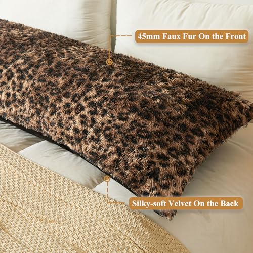 Fluffy Faux Fur Leopard Print Body Pillow Cover 20x54 with Zipper