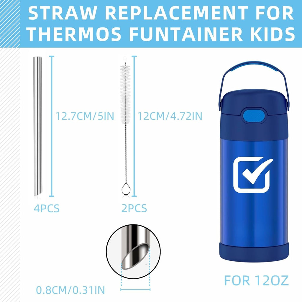 THERMOS Replacement Metal Straws - Reusable Stainless Steel for 12 Ounce FUNtainer | 4 Straws + 2 Brushes