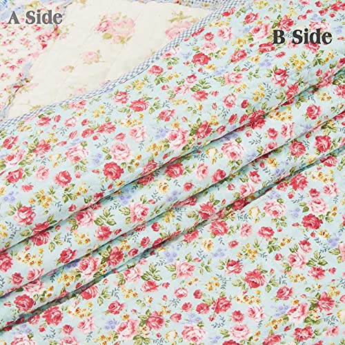 Twin Size Reversible Cotton Quilt - Blue Floral Patchwork Throw Blanket