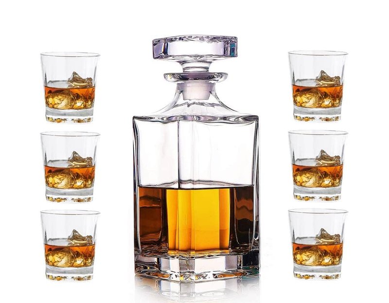 First to act tactical Whiskey Decanter Glasses Set Lead-Free Crystal Glass Scotch Tasting Cups Wine Bottle for Drinking Irish Whisky Bourbon Tequila tumbler (Square, 1 Decanter & 6 Glasses Set)