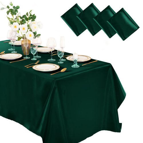 Horbaunal 4 Pack Dark Green Satin Tablecloth 60 x 102 Inches Rectangle Satin Table Cover Bright Silky Table Cloth Smooth Table Decoration for Wedding Party Banquet