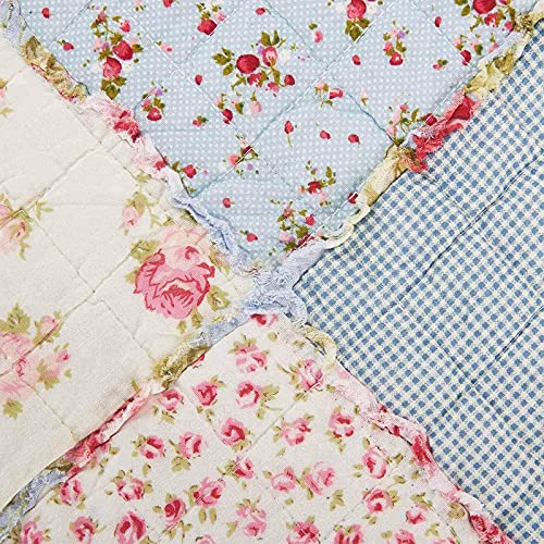 Twin Size Reversible Cotton Quilt - Blue Floral Patchwork Throw Blanket