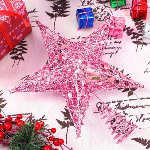 URATOT 8-Inch Pink Glittered Metal Christmas Tree Topper Star - Festive Treetop Decoration