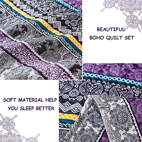 Boho Quilt Set Queen Size - 3 Piece Purple Floral Bedding