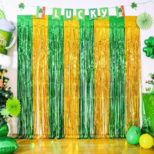 St. Patrick's Day Green Gold Foil Fringe Curtains - 3-Pack Photo Backdrop