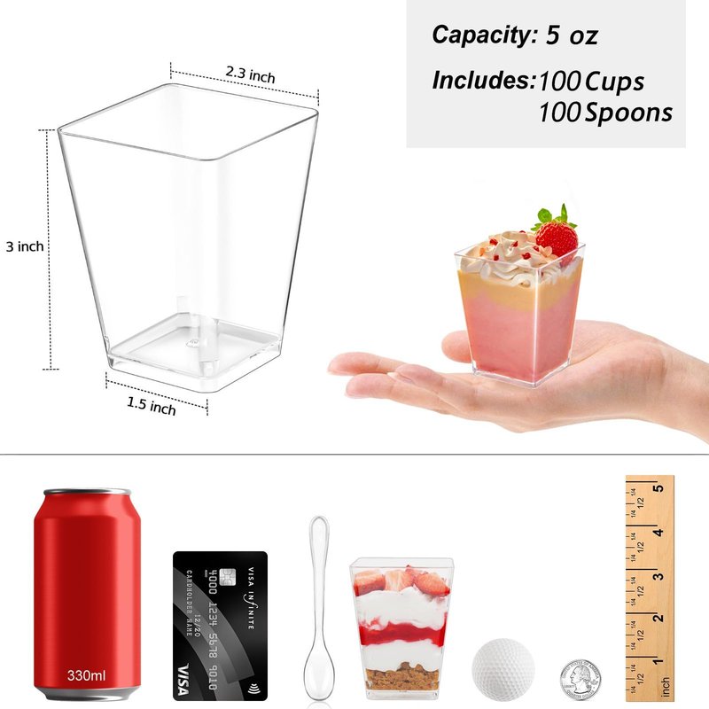 Zezzxu 100 x 5 oz Mini Dessert Cups with Spoons, Shooter - Clear Plastic Small Parfait Cups Reusable Shot Glasses for Tasting Party Desserts & Appetizers, Shrimp Cocktail Cups