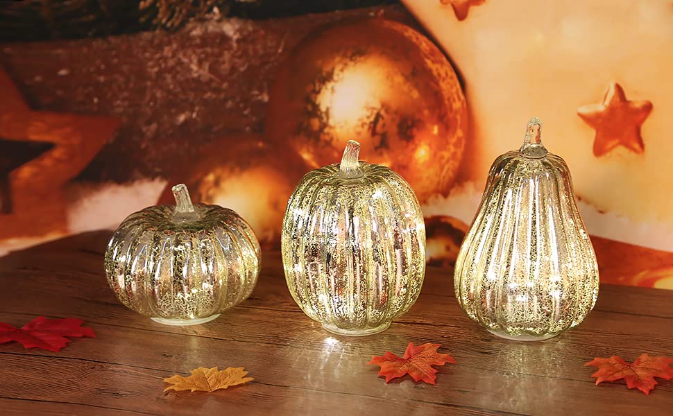 Romingo Set of 3 Glass Pumpkin Light with Timer for Halloween Pumpkin Decorations Fall and Thanksgiving Decor, Silver