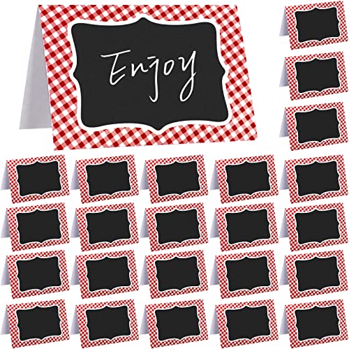 24 Pcs Red Gingham Food Tent Cards - Writable 6x4 Inch Buffet Labels