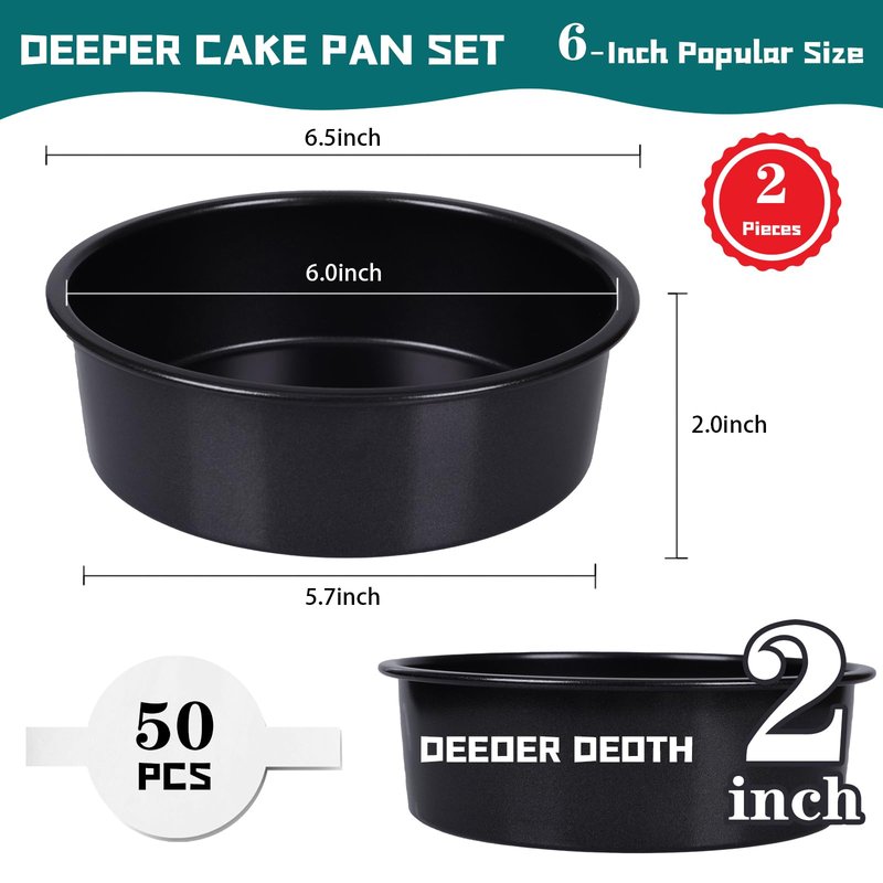 SAGOOITS 6 Inch Cake Pan Set for Baking - 2 Round Cake Pans with 50 Pieces Parchment Paper, Nonstick Deeper Circle Cake Baking Pans Sets for Baking-Black