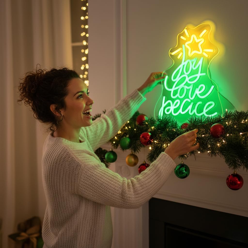 Neon Christmas Tree Sign by [Brand Name] - USB Powered LED Holiday Decor for Wall | Peace, Love, Joy Design