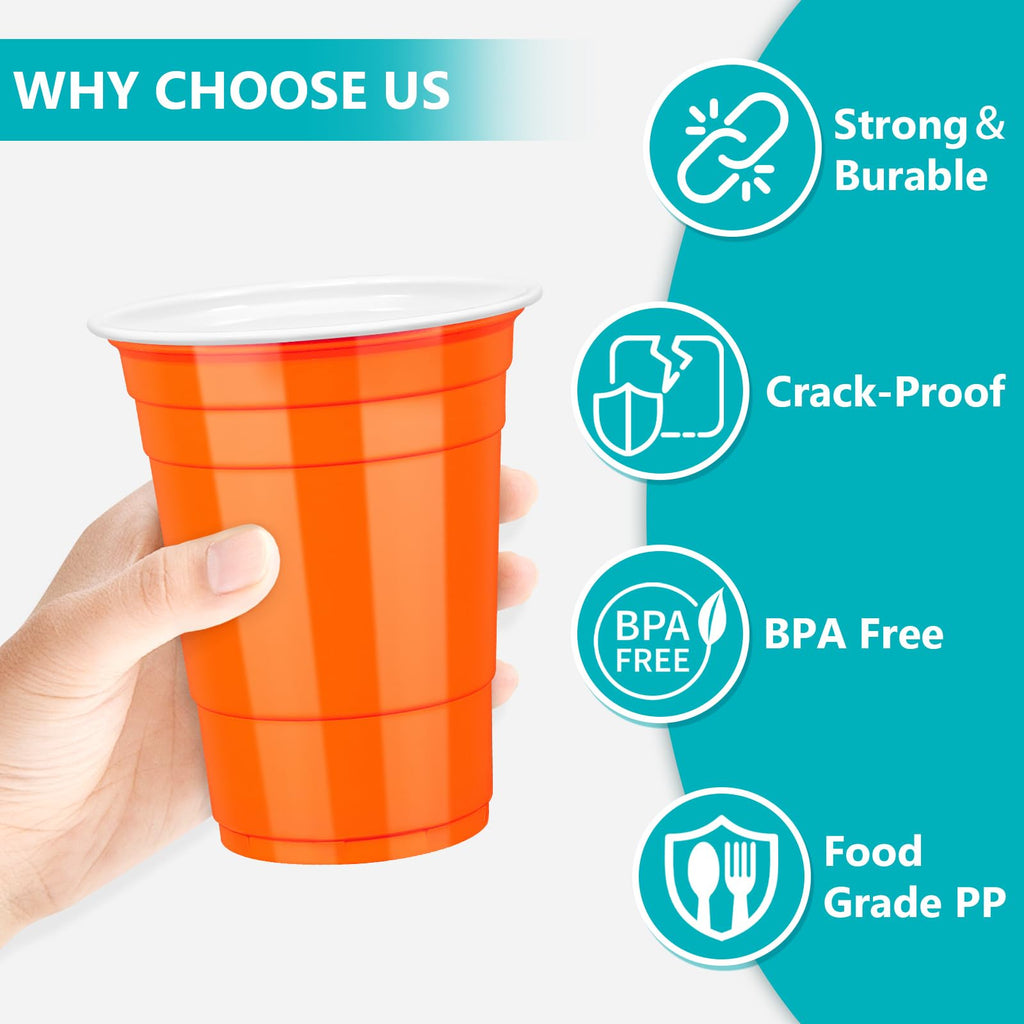 LANLISA 50 Orange Plastic Cups, 16 oz Disposable Cups, Drinking Cups For Birthday Party, Halloween, Thanksgiving, Harvest, Fall