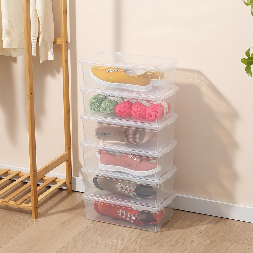 Skiennix 6Qt Shoe Storage Box - 12 Pack Durable Stackable Organizer Bins with Lid | Ideal for Shoes & Crafts