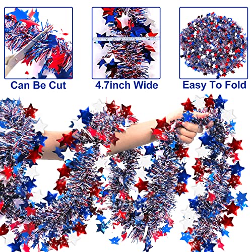 Patriotic 4th of July Tinsel Garland - 50ft Red White & Blue Star Decor