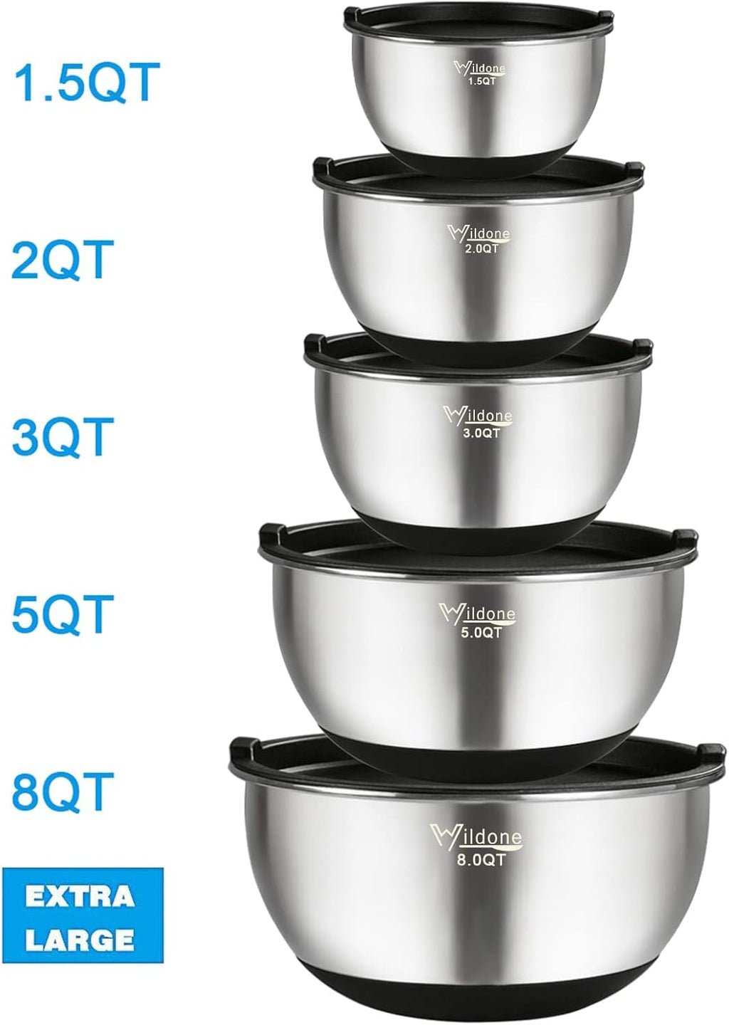 Wildone Mixing Bowls - Stainless Steel Nesting Set of 5 with Airtight Lids & Non-Slip Bottoms | 1.5-8 QT