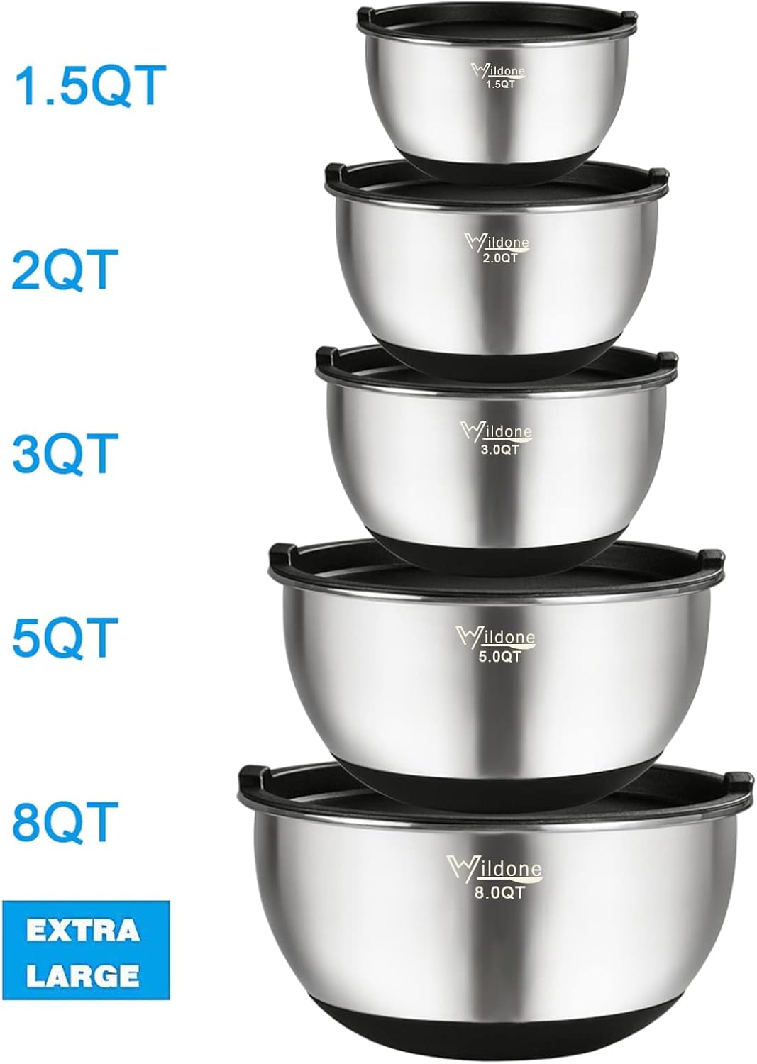 Wildone Mixing Bowls - Stainless Steel Nesting Set of 5 with Airtight Lids & Non-Slip Bottoms | 1.5-8 QT