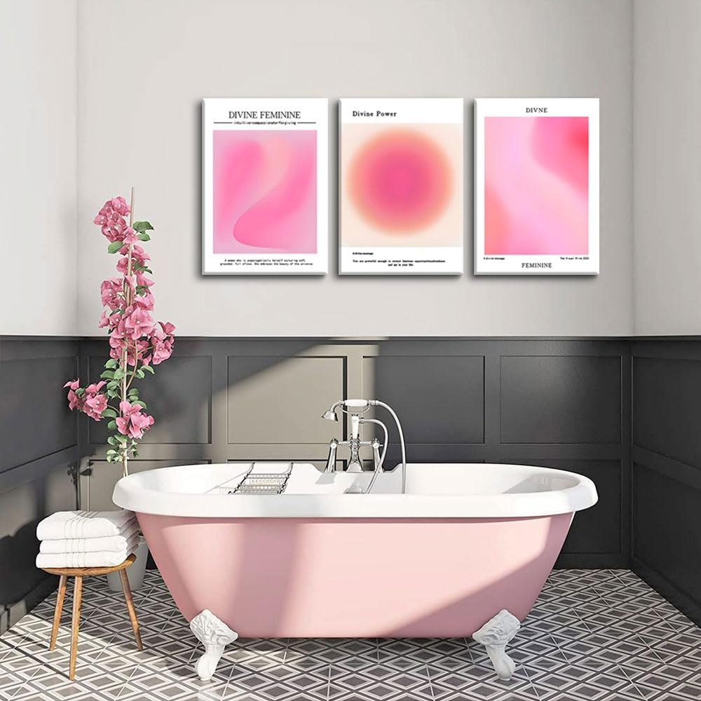 Trendy Aesthetic Canvas Wall Art - Set of 3 Pink Gradient Aura Angel Prints | Framed 12x16 Inch Decor for Bedroom & Living Room