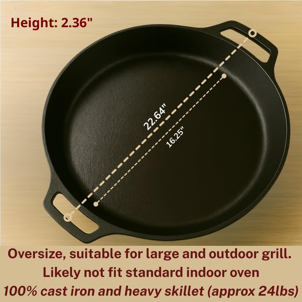 Skiennix 20-Inch Cast Iron Skillet - Pre-Seasoned Heavy Duty Pan with Dual Handles & Cleaner Scrubber | Perfect for Grill, Oven, Stove, Campfire Cooking