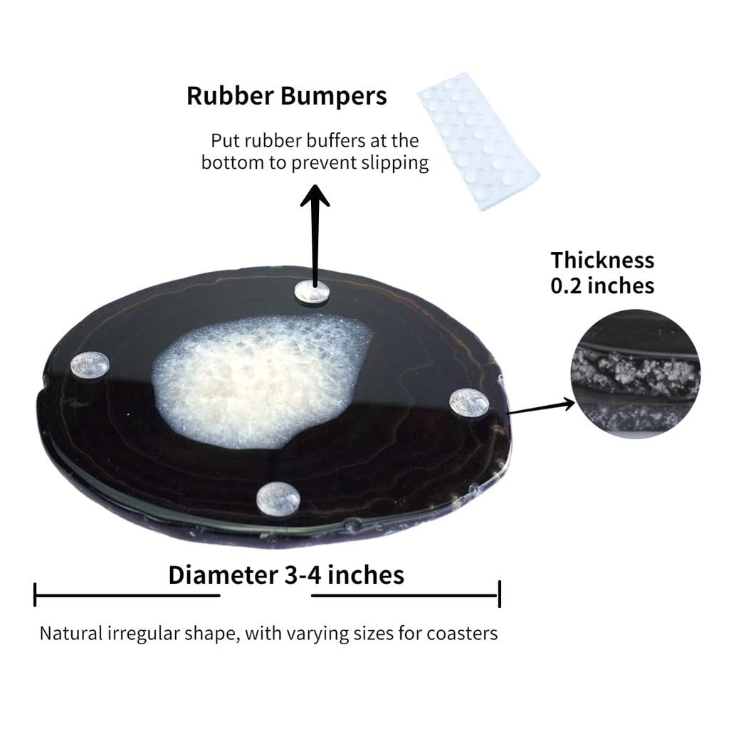 Sisamn Black Agate Slices Bulk Geode Coasters Set of 4 with Rubber Bumpers - Unique 3-4 Inch Dyed Stone Drink Crystal Coasters for Home Decor, Coffee Table, Bar Accessories