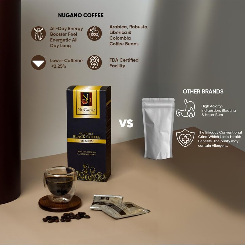 Nugano Black Coffee with 100% Certified Ganoderma Lucidium Extract Bold and Flavorful Gourmet Instant coffee 30 Servings (1, 1 Box)