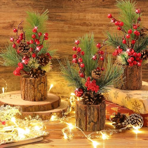 Solsew 3 Pcs 11 Inch Classic Christmas Tabletop Trees with Ornaments & Pine Cones