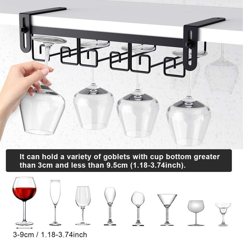Cmecial Under Shelf Wine Glass Holder - Black, Stemware Rack for Cabinet, Holds Multiple Glasses