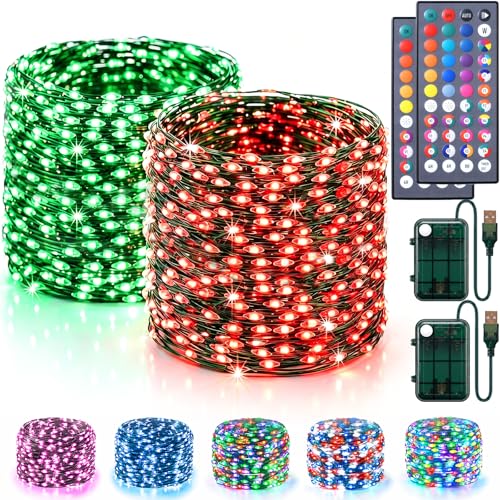 Color Changing Fairy Lights 66FT 200LED RGB 34 Colors Waterproof USB & Battery Operated Green Wire 2 Pack
