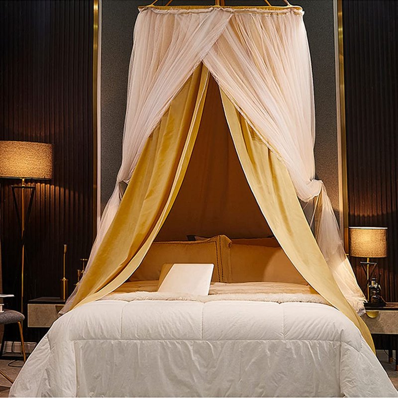 Vilemoon Bed Canopy for Girls & Adults, Round Dome Lace Princess Canopies Netting, Elegant Double Layer Bed Canopy Drapes for Decoration, Playing,Reading,Sleepping (Yellow)
