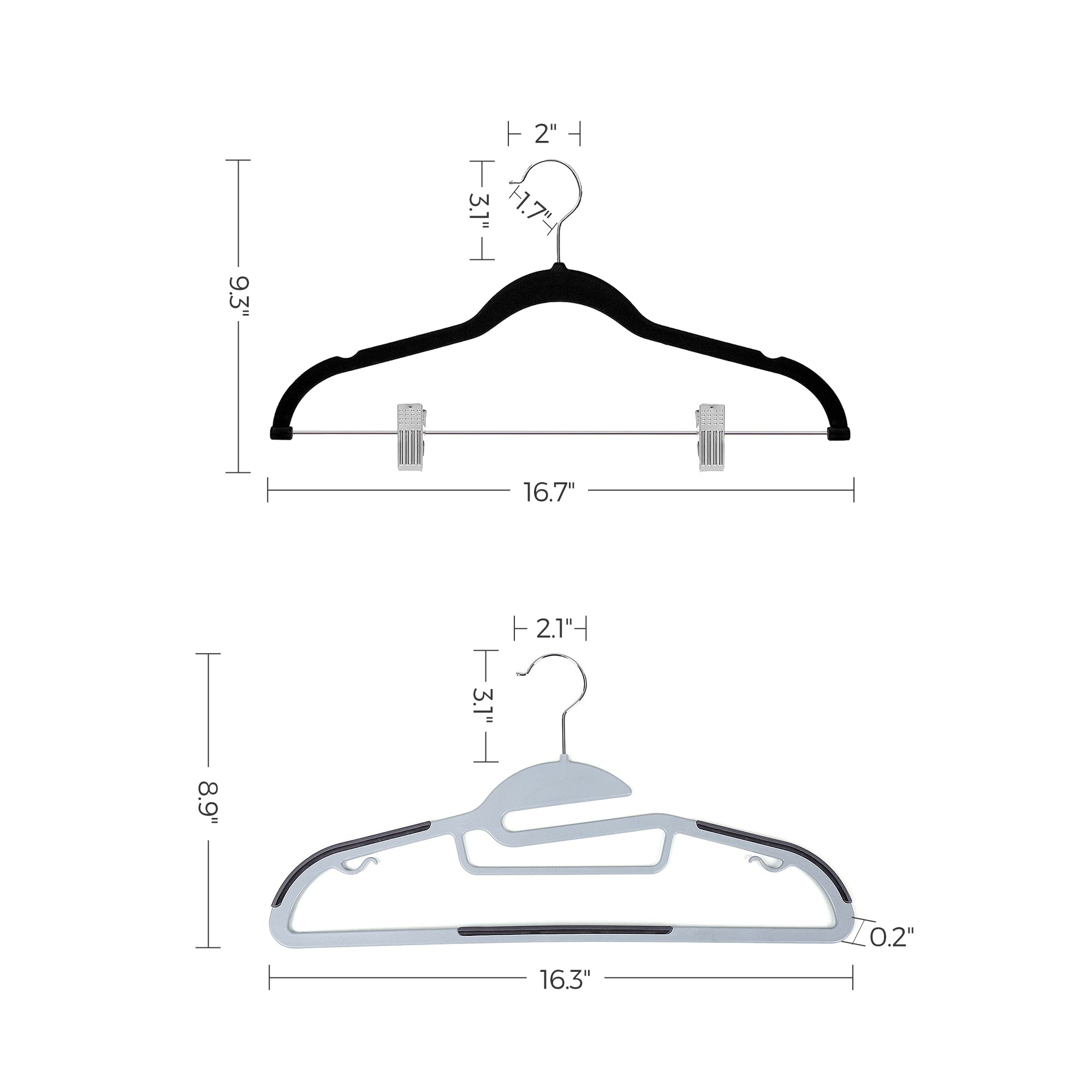 SONGMICS Set of 50 Coat Hangers and 30 Pants Hangers Bundle, Non-Slip Adjustable Metal Clips, Quality Plastic Hangers, Space-Saving, Durable, Pants, Light and Dark Gray, Black UCRP41G-50 and UCRF12B30