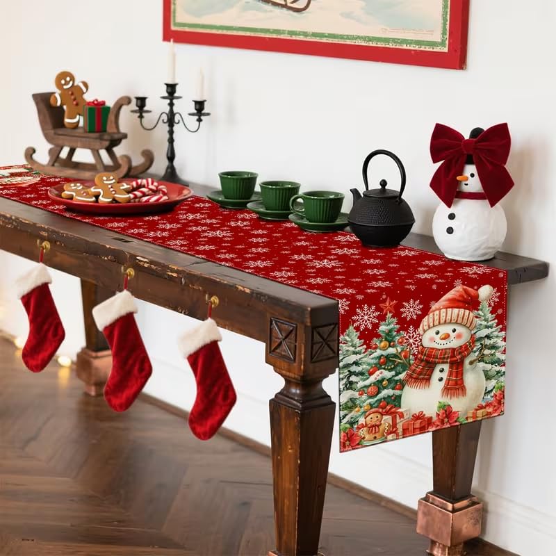 CQFusSTORE Christmas Snowman Gingerbread Table Runner 13x36 Inch Holiday Decor
