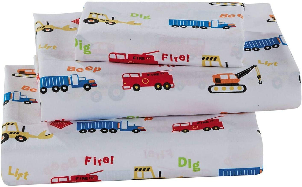 Better Home Style Multicolor Cranes Backhoes Construction Equipment Trucks Fire Engine Design for Kids/Boys 4 Piece Sheet Set with Pillowcase Flat and Fitted Sheets # Crane (Queen)