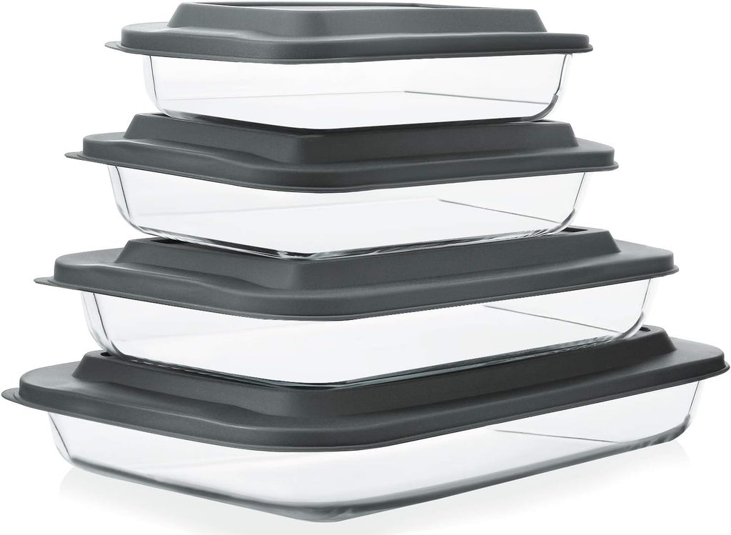 Regine Switzerland 8-Piece Deep Glass Baking Dish Set - Rectangular Bakeware with Lids for Lasagna & Leftovers | Gray