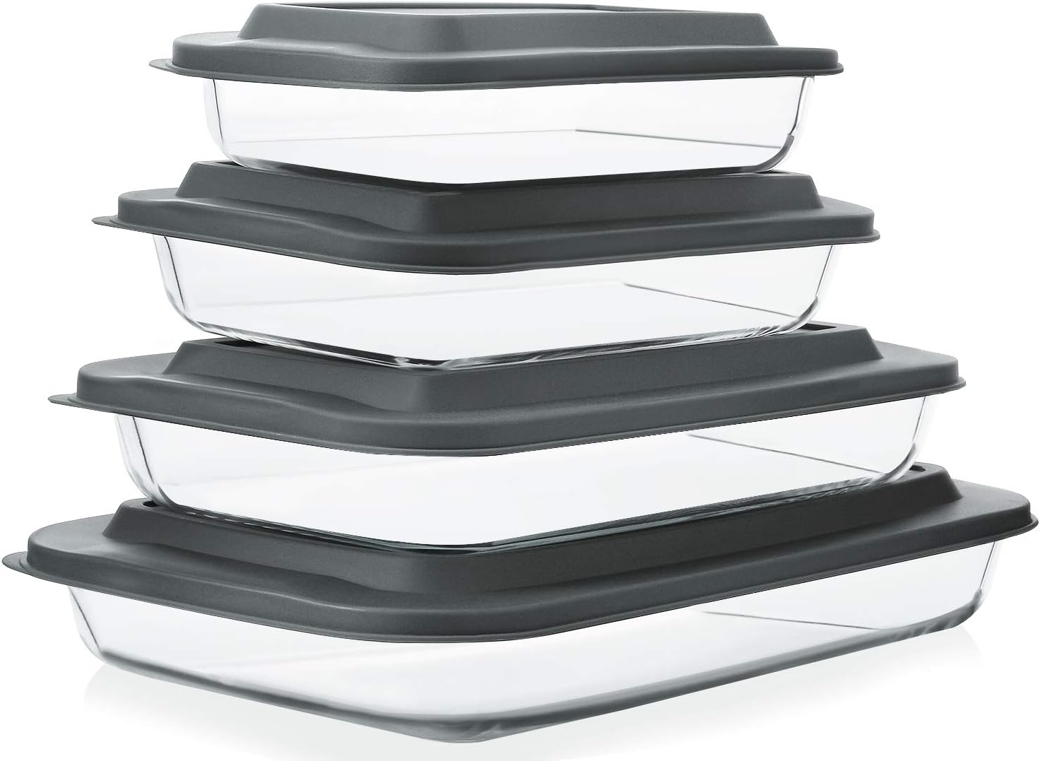 Regine Switzerland 8-Piece Deep Glass Baking Dish Set - Rectangular Bakeware with Lids for Lasagna & Leftovers | Gray