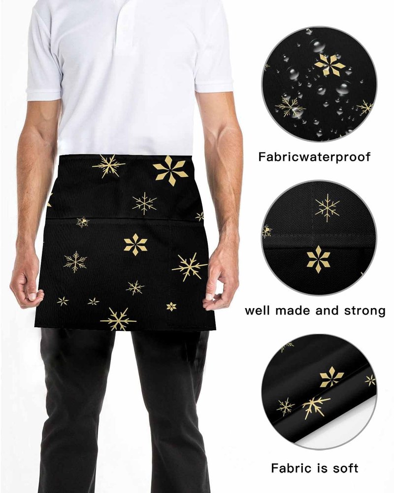 Black Snowflake Christmas Server Aprons with 3 Pockets, Xmas Yellow Winter Snowflake Waist Aprons for Women Men, Waitress Waiter Half Apron for Kitchen Chef Cooking