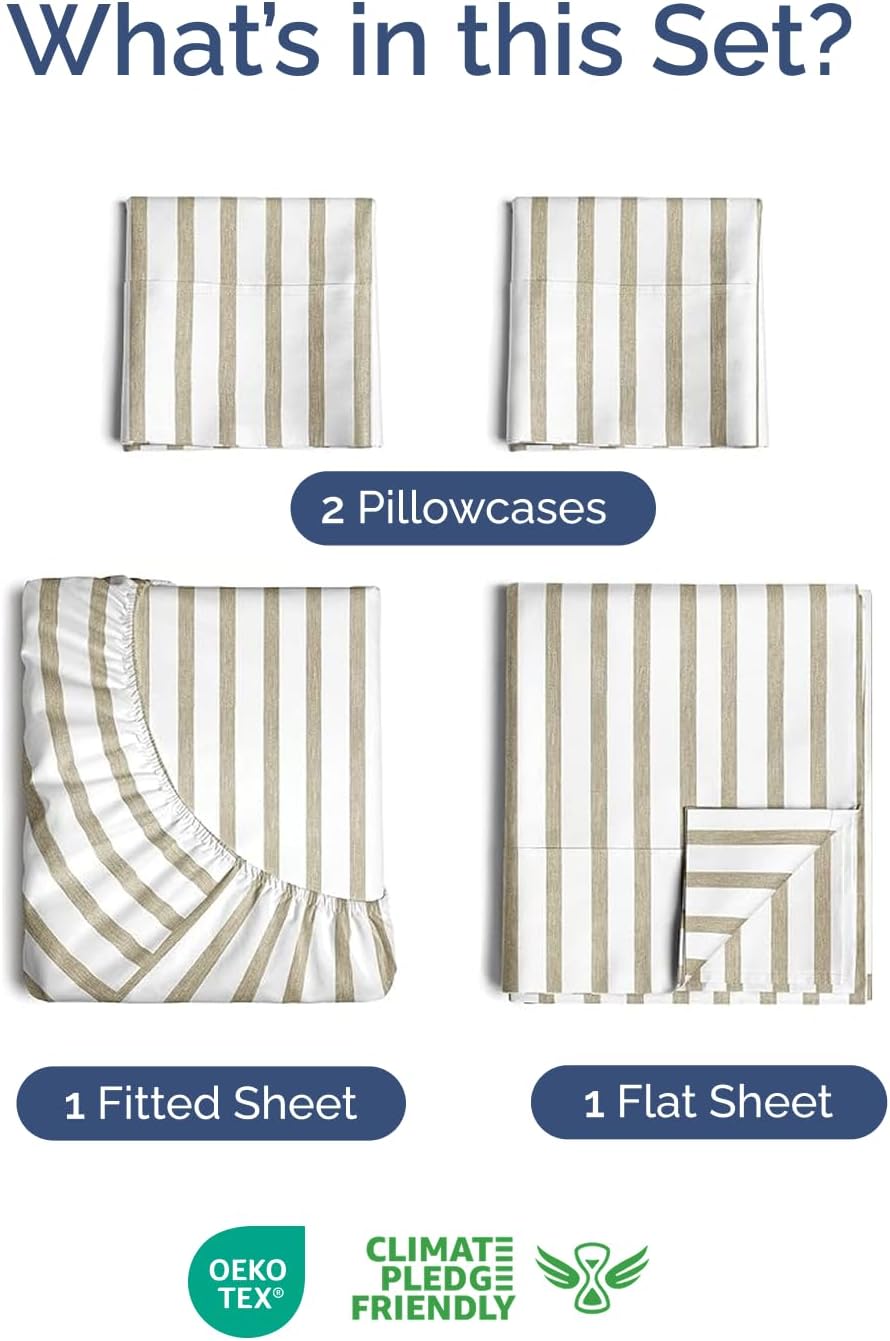 Skiennix Extra Deep Twin XL Sheet Set - 4 Piece Breathable Cooling Bedding - Soft Wrinkle-Free Beige Stripes