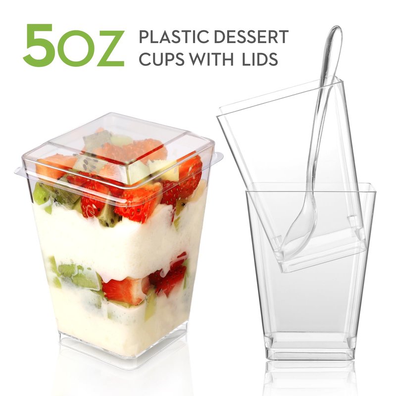 FIFWVGP 100 Pack 5 oz Plastic Dessert Cups With Lids and Spoons, Yogurt Parfait Appetizer Cups for Party, Mini Dessert Shooters for Pudding and Fruit