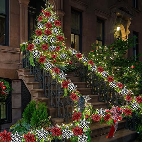 12 Pcs Christmas Buffalo Plaid Poinsettia Ornaments with Glitter - Holiday Tree Decorations