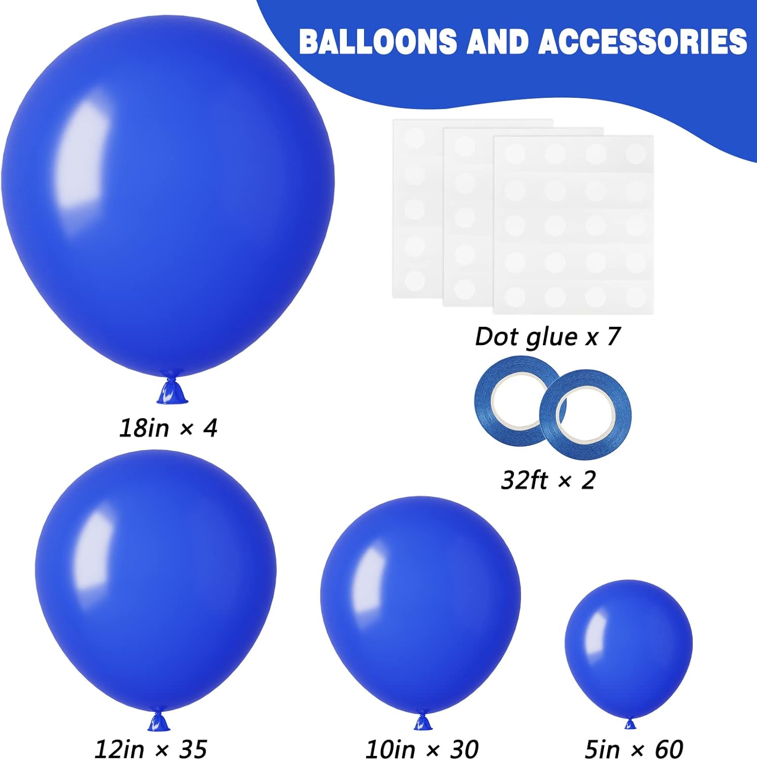 RUBFAC Royal Blue Balloon Set - 129 Pieces in Various Sizes for Graduation, Birthday & Party Decor