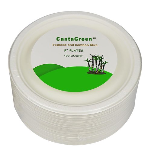 CantaGreen 9 inch Compostable Plates, 100 Count Heavyduty Sugarcane/Bagasse and Bamboo Fibre Biodegradable Disposable Paper Plate