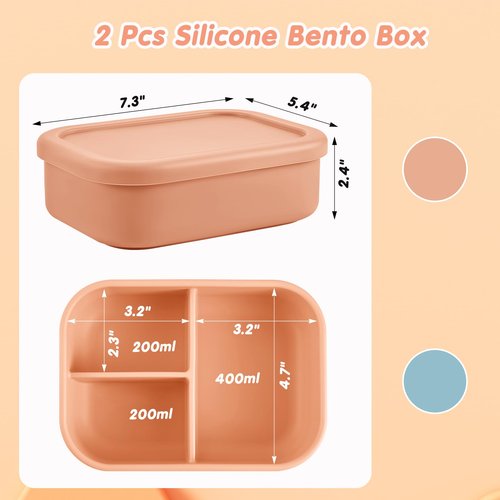 Layhit 2 Pcs Silicone Bento Box for Adults, 27 oz Bento Lunch Container Reusable 3 Compartment Lunchable Food Container for Women Men, Leak Proof Microwave Dishwasher Freezer Safe (Orange, Gray Blue)