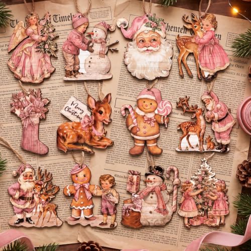 Huwena 36Pcs Pink Christmas Tree Ornaments - Vintage Snowman, Angel, Gingerbread & Santa