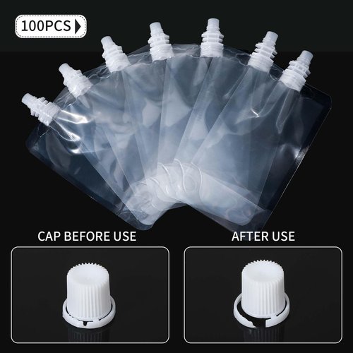 Meanplan 100 Pcs Plastic Pouches Bulk Reusable Squeeze Pouches Clear Plastic Juice Leak Proof Bags with Funnel for Party Favors Supplies(3.5 oz,Straight Mouth)