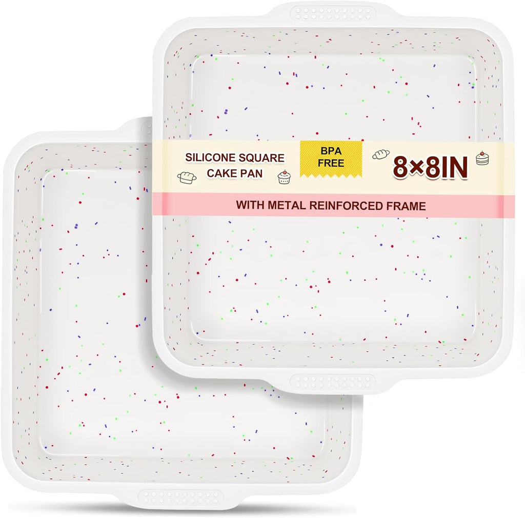 SJ Silicone Square Cake Pan Set - 8 x 8 Inch Nonstick Molds with Metal Reinforced Frame - BPA Free for Cakes, Brownies, and More