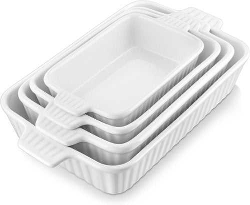 MALACASA Casserole Dishes - Porcelain Baking Set of 4 | Deep Rectangular Lasagna Pans with Handles - White