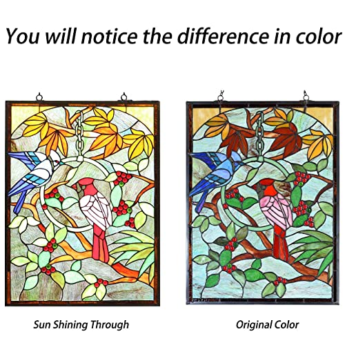 Tiffany Style Stained Glass Window Panel - Blue Jay & Cardinal, 18" x 24"