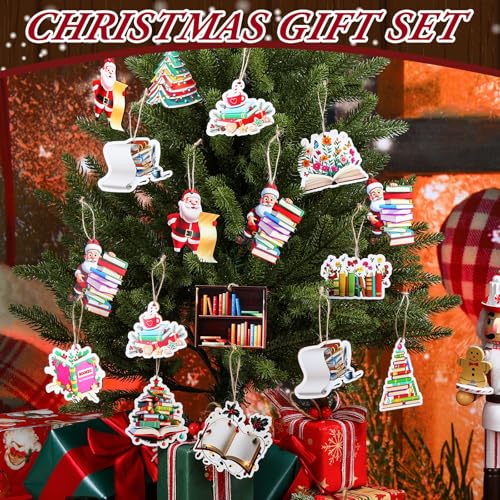 Christmas Wooden Book Lover Ornament Set - Stack of Books - 36 Pack