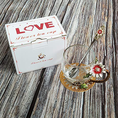 11oz Enamel Sunflower Crystal Lead-Free Glass Tea Cup & Spoon Set – Perfect Gift for Christmas & Valentine's Day