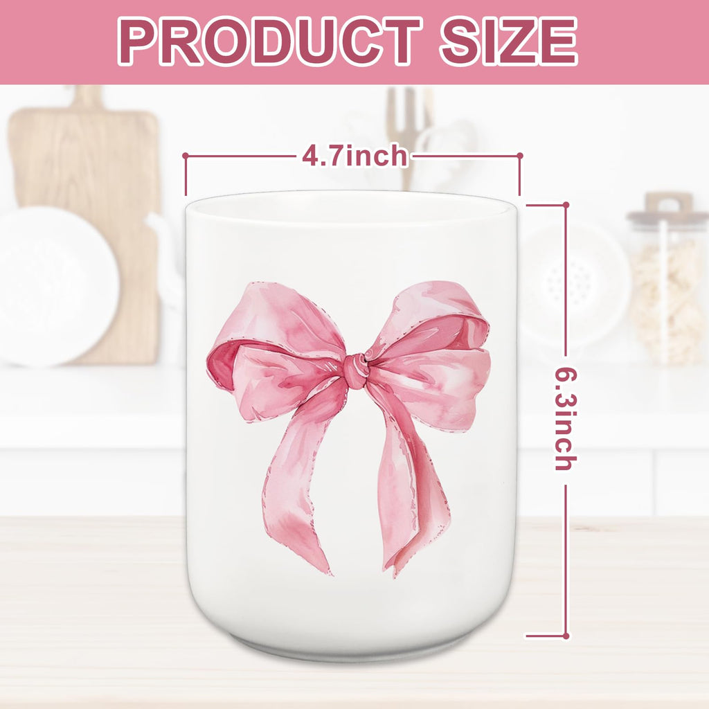 JarThenaAMCS Valentine's Day Pink Bow Ceramic Utensil Holder Watercolor Coquette Trendy Bow Utensil Crock for Home Kitchen Countertop Storage Organizer Container