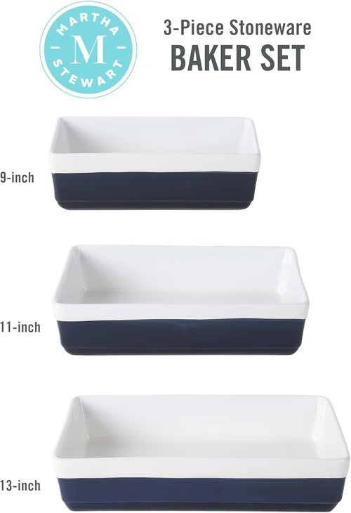 Martha Stewart 3-Piece Stoneware Bakeware Set - Durable Cobalt Blue Baking Dishes for Oven & Table