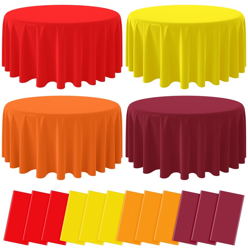 MASHAN 12Pcs 84 Inch Fall Disposable Tablecloth,Thanksgiving Plastic Tablecloths,Orange Brown Red Yellow Round Table Cover for Autumn Harvest Holiday Birthday Party Decoration